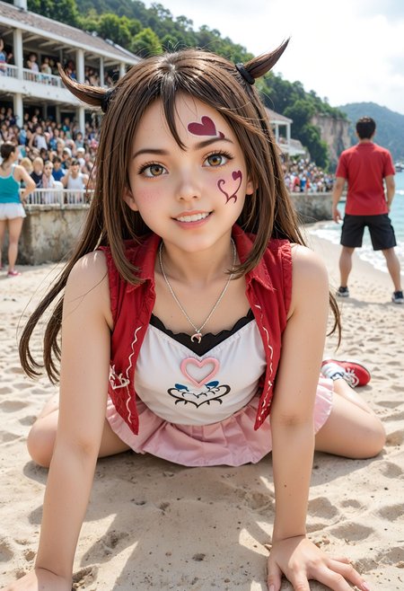 <lora:Hyper-SDXL-8steps-lora:1> <lora:Fixhands_anime_bdsqlsz_V1:1> zPDXL2, score_9, score_8_up, score_7_up, source_anime, intricate details, perfect anatomy BREAK
outdoors, beach, ocean, audience, crowd, on stomach, from below, Teasing, A playful smirk, a raised eyebrow, and a hint of dominance., dynamic angle, 
1girl, solo, solo focus, 
<lora:MK-kagamitina_XL(pony)v10:1> mk-kagamitina, brown hair, long hair, two side up, brown eyes, facial tattoo, heart necklace, white shirt, red jaket, pink skirt, red shoes,
