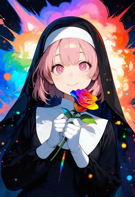 masterpiece, best quality, amazing quality, very aesthetic, absurdres, 
1girl, young, black nun outfit, pink hair, pink eyes, sliced bob
,magic circles, sweet expression, looks at the flower, close-up of face, face in shadow, body in shadow, dark setting, beautiful black dress, gloves on her hands, thin lips, narrow mouth, cat's smile, solo upper body, angle from above, Dutch angle, hand near the face, holding a flower, rose, rainbow, crystal, fragile, transparent, luminous, magical rose, very beautiful, bright, multicolored, bright magical particles, smoke, fog, multicolored, small, colorful, explosion of colors, soft light, vibrant colors, multicolored rainbow light, focus on face, lots of soft light and colorful particles, colorful, masterpiece, best quality, amazing quality, very aesthetic, absurdres, newest, soft light, explosion of colors, masterpiece, best quality, colorful, bright, multicolored, bright colors of paint, masterpiece, best quality, amazing quality, very aesthetic, absurdres, lots of multicolored rainbow light, focus on the face, lots of soft light, soft colors, lots of colorful particles, dark, hard to see,