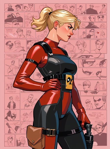 score_9, score_8_up, score_7_up, Lady Deadpool, blonde hair, red and black costume,high ponytail,  hand on hip,  1girl,  bullypxl, comic wallpaper, <lora:bullypxl:0.8>, light pink background, holding an uzi, tactical suit, loose belt,
