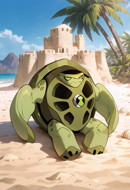 masterpiece, best quality, amazing quality, very aesthetic, absurdres, newest,, detailed background, 
terraspin, pokemon (creature), solo, no humans, closed mouth, green eyes, green skin, shell, turtle, 
in the beach, short legs, sitting on sand, palm trees, sand castle, small head,