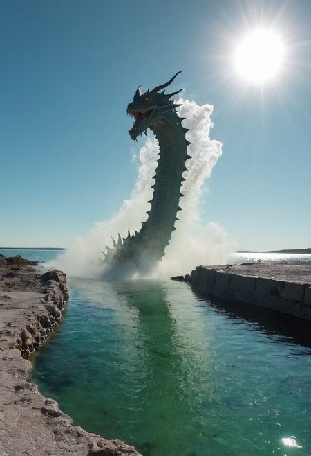 raw photo, lagoon, sea pathway, encounter with Leviathan, sea dragon bursting out of the sea, geyser, clear sky, pov, liminal space, cinematic palette