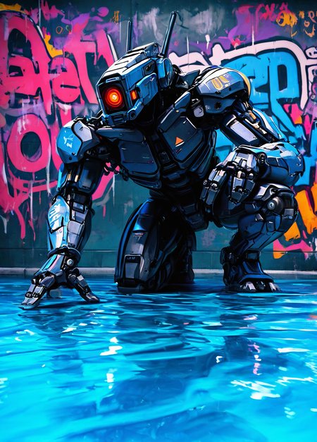 realistic,  
masterpiece, best quality, amazing quality, highres, absurdres, very aesthetic, very awa,expert shading, ultra detailed, UHD, 8K,
BREAK, realism,  
N3onSp3ctra, robot, science fiction, reflection, no humans, solo, mecha, red eyes, humanoid robot, water, combat robot, colorful graphics, graffiti, 3/4 shot, full body image, <lora:NeonSpectra:0.75>