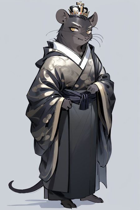 (((masterpiece))),(((best quality))),((ultra-detailed)), solo,ani,
A black rat crowned with a golden coronet, draped in a black brocade robe, its gaze sharp and alert, as if harboring secrets of ancient dynasties.
white background, full body,Role concept design, <lora:InkAni-000010:0.8>