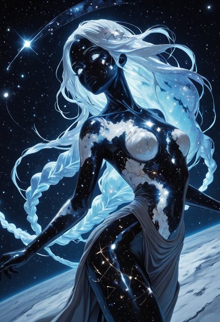 highres, very detailed, amazing quality, masterpiece,
very aesthetic, sp4ce-g0dd3ss
particle effect,
1girl, solo, beautiful eyes, goddess, goddes of constellations, black skin, sparkly skin, glitter on skin, iridescent hair, glowing hair, very long braids, strong face, solo, eyes with galaxies, cosmos eyes, Covered in Tattoos, geometric tattoos, white tattoos, small breasts, curvy, grey robe with pearlescent trim, 
BREAK, 
greek theme, goddess theme, universe theme, 
dancing, ballett pose, dynamic pose,
foreshortening, dutch angle,
loving, content, tender, 
in cosmos, universe, endless stars around her, galaxies, comets, nebulae