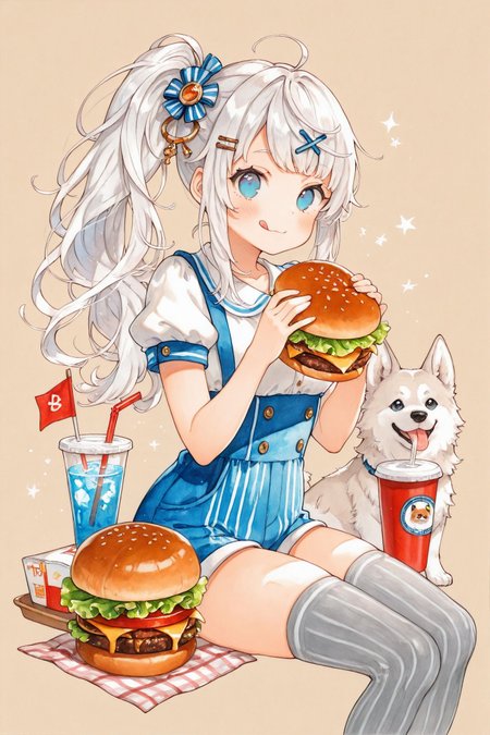 1girl,tongue out,tongue,side ponytail,burger,food,long hair,dog,blue eyes,sitting,white hair,thighhighs,shorts,hair ornament,drinking straw,holding,flag,cup,short sleeves,simple background,solo,looking at viewer,traditional media,
<lora:Uekura Eku_illustriousXL:0.9>,