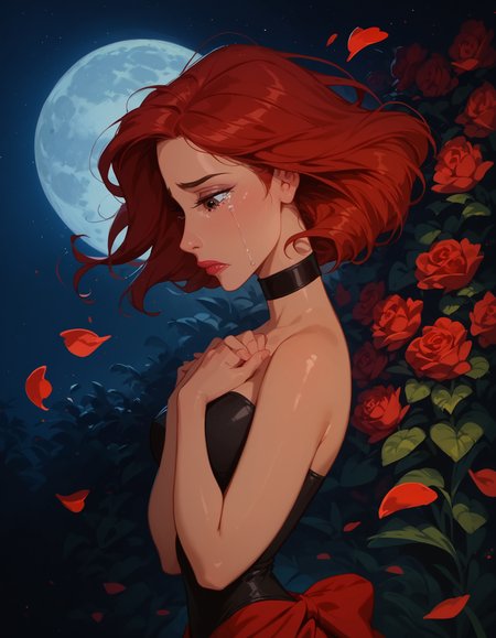 <lora:Disney_Style:.9> <lora:princess_xl_v2:.75> <lora:add-detail-xl:.9> <lora:g0th1cPXL:.3> <lora:Cherry-Gig:.45> <lora:Expressive_H:1> <lora:PLASTT_PonyV6:1>  score_9, score_8_up, score_7_up, zPDXL, DisneyRenstyle, score_9,score_8_up,score_7_up,score_6_up, scenic balcony, night, moon, moon light, (red flower petals floating behind girl, floating rose petals behind girl, romantic), (((standing, 3/4 view, side view, side profile))), 
1girl, attractive 18 year old, red hair, short hair, messy hair, brown eyes, (((sad expression, tears, heartbroken))),  (((hands together, looking down))), (solo), (black leotard:1.2, high neck), (red sarong, black choker), shiny skin, perfect reflection, small hips, slender, hourglass figure, attractive, shiny skin, perfect reflection, small hips, slender, perfect face, perfect hands, g0thicPXL, Expressiveh, 
score_9, score_8_up, score_7_up, depth of field, realistic shadow, motion lines, Expressiveh, realistic, dramatic lighting, beautiful, animation, sharp focus, award winning, masterpiece,  dynamic, cinematic lighting, great attention to skin and eyes, breathtaking, exquisite, exceptional,