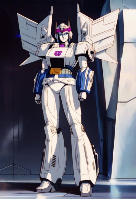 score_9, score_8_up, score_7_up, animation, transformers, 1girl, robot, Decepticon, Tall, slim, Seeker, Starscream glowing eyes, blue eyes, large eyes, circular eyes, white armour, forward long jet swept wings, transforms into futuristic Stealth Mig Fighter Jet, full body, cowboy shot, smiling, holding null ray blasters, Decepticon Symbol, long skirt armour (split in middle) head crown,
 <lora:StarScream1.2:1>