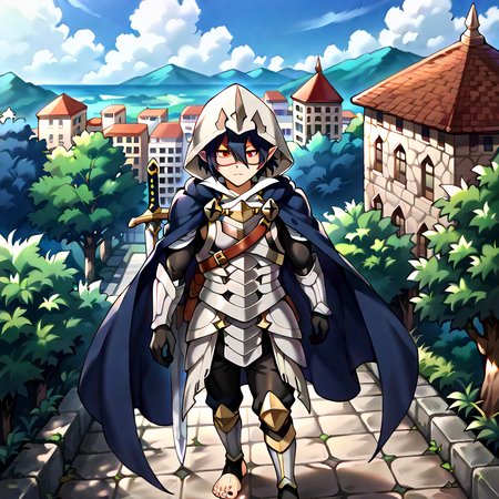 masterpiece, best quality, sharp aliasing, highly detailed, Quality, High Definition, Full Body View, <lora:EPfeCorrinPony:1>EPfeCorrin, blue cape, armour, black gloves, full gloves, black pants, wearing pants, outdoors, day, stone ground, tree, bush, buildings, barefoot, toeless legwear, armoured legwear, stirrup legwear, 5 toes <lora:Amajiki_Tamaki__Pony:1>Tamaki Amajiki, pointy ears, red eyes, dark blue hair, hair between eyes, hood, mask, male, male body, sword, standing <lora:feet_anime_pony_v2:1>feet, dark blue toenails