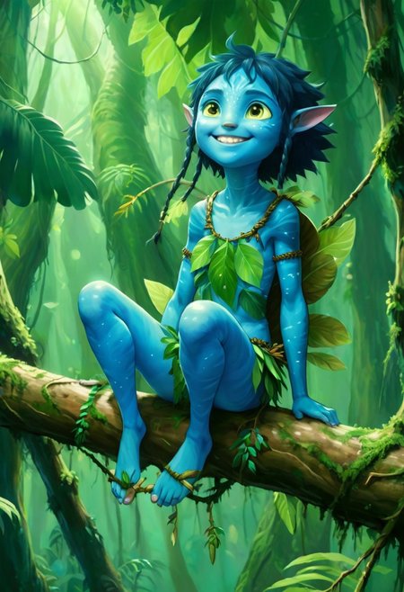 Studio Ghibli Style anime painting of a young female Avatar navi alien with blue skin, wearing leaf and bark armor, smiling and grinning while sitting on a tree branch in a bioluminescent jungle