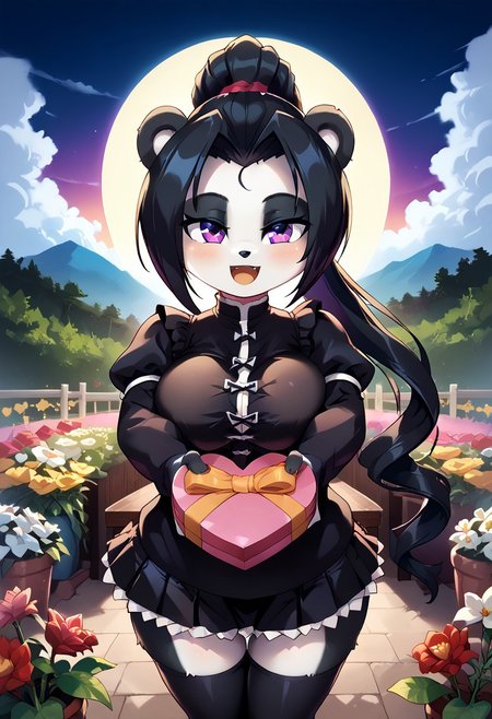 score_10 , score_9_up, score_8_up, score_7_up , score_6_up, vibrant colors, shiny_skin , prefect lighting, detailed image, snoozing , masterpiece , best quality , highly detailed , ultra quality , BREAK , source_anime , anime , anime style , 
1girl , (young anthro panda , furry female , big breasts , fur skins, panda skin , White fur , black fur , purple eyes , long ponytail black hair , Center Part front hair , forehead , pawpads , white tail , curvy ,  thicc , cute , shortstack) ,, detailed face , bedroom eyes,  blushing, smiling , (hearts) ,, (black clothes , white clothes , shirt) , lace-up corset top , ruffled puff sleeve , Mini skirt , thigh highs , 
<lora:heart-shaped-box-ponyxl-lora-nochekaiser:1>, heart-shaped box, holding, box, gift, valentine, incoming gift, outstretched arms, outdoors, night sky, clouds, shouting, 
looking at viewer, detailed background, outdoors, garden, flower field, flower pots, plant pots, tree, cinematic composition, dynamic pose,