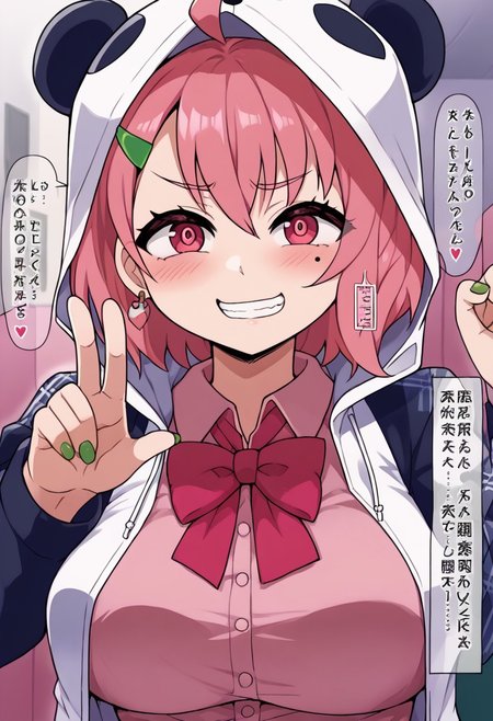 source_anime, rating_safe, BREAK <lora:sakuSasaki_XL-Pony_LoRA-C3Lier_16-16-8-8_AdamW_Un3e-4_Te1.5e-4_10batch:1>, sasaki saku, 1girl, virtual youtuber, pink hair, multicolored hair, short hair, ahoge, pink eyes, green nails, mole under eye, hairclip, earrings, animal hood, panda hood, hood up, two-tone jacket, white jacket, black sleeves, long sleeves, collared shirt, pink shirt, red bowtie, plaid skirt, green skirt,  ,,, ,,,, , ,,,, ,,, ,,, ,, ,, ,, , , ,,huge breasts,5 fingers,, ,,,,,,,,,,,,Both hands Peace , grin