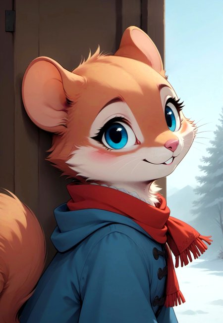 score_9, score_8_up, score_7_up, score_6_up, score_5_up, score_4_up, 
[][][][][] 
red fur, blue eyes, (((squirrel))), (cute, feral:1.5)
[][][][][] 
red cloak, white frilly shirt, black skirt, scarf, doorway, rear view, looking at viewer, smile, (fluffy tail:1.5), head focus, close up, upper body shot, snow, wind,