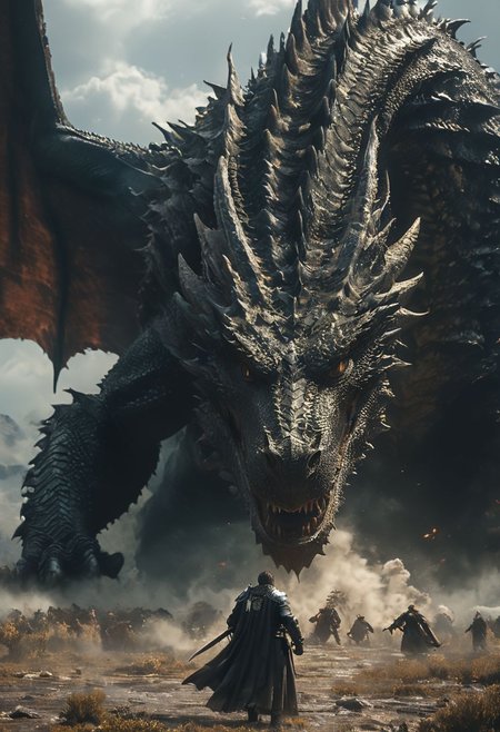amazing quality, masterpiece, best quality, 8k, extremely detailed, ultra intricate details, UHD, perfect anatomy, (black dragon:1.5), portrait, dof, hyper-realism, majestic, (four heroes, 1Fighter 1druid 1ranger and 1wizard:1.4), awesome vista, inspiring, Capture the thrilling showdown between the four heroes and the colossal dragon boss , Bosstyle, the heroes on a muddly field look up as humongous black dragon swoops out of the sky towards them, cinematic still, dramatic composition, (realistic shadows, realistic lighting, realistic detailed textures:1.2), national geographic style