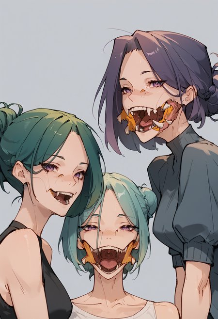 score_9, score_8_up, score_7_up score_9, score_8_up, score_7_up, score_6_up, score_5_up, score_4_up,
 <lora:BifurcatedJaw:1> (bifurcated jaw, open mouth), 
, long hair, looking at viewer, smile, short hair, multiple girls, blue hair, purple eyes, purple hair, 3girls, hair bun, aqua hair, single hair bun, portrait