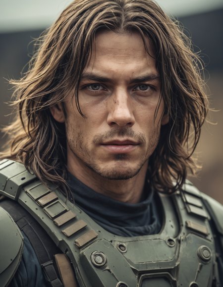 sci-fi,closeup portrait photo of man in combat clothes,face,long hair,slim body,high quality,film grain