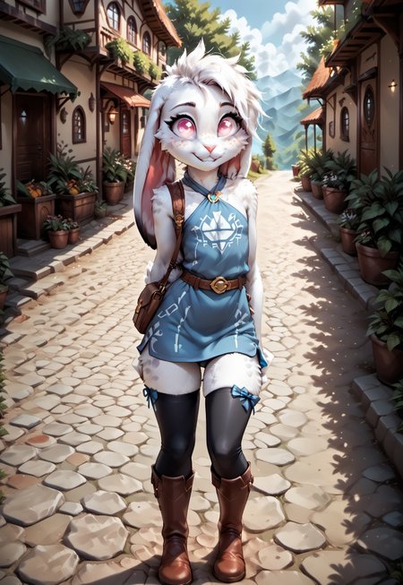 safe_pos, kftenhance, highres, masterpiece, safe_pos, score_9, score_8_up, score_7_up, 1boy, solo, femboy adventurer, realistic textures, realistic fur, D&D, adventurer, wilderness guide, meek, cute, dainty, excited, 
(((rabbitfolk, feminine male, femboy, white fur, detailed fur, body fur, tuft, fluffy, dappled, honeyed freckles, short, delicate features, white medium hair, undercut hairstyle, pink eyes, small and slender, tiny breasts, fluffy chest, thin waist, waspish hips, rabbit nose, pink nose, rabbit ears, long ears, ears down, rabbit tail, plantigrade legs, light eyeshadow, thick butt, nervous smile,))) (((travel clothes, halter top, flowing light-blue tunic, revealing tights, shortbow, earring, thigh high socks, small satchel, bow and arrows, plain boots,))) shopping, skipping, fantasy village, outdoor, <lora:KFT_FSSE_V6.3-000005:0.4>