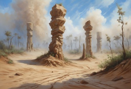 illustration, oil painting, landscape, fracturing earth, soil pillars, mud, rock, stone, grass, forest, blue sky, swirling sand dust, sand, sandstorm, plants, shrubs,  <lora:SDXL\add-detail-xl:1.0>,