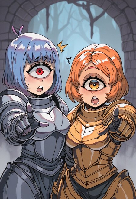 girinstyle, masterpiece, best quality, 2girls, duo, close the viewer,  alien girls,  one eye cyclops, iron armor, fantasy dungeon background, cobble,   pointing at viewer curiously, shocked,  looking at the viewer,