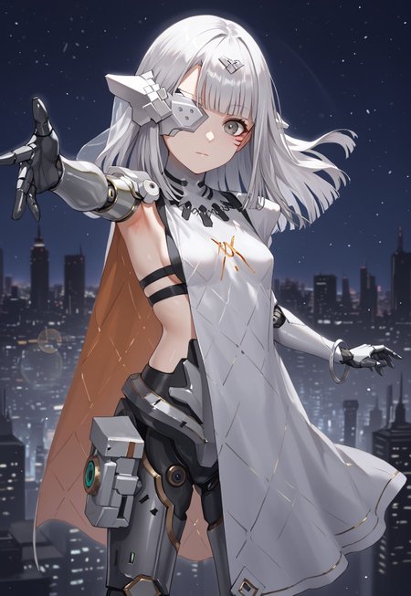 NytoAlina, mechanical arms, white hair, long hair, eyepatch, facial mark, blunt bangs, grey eyes, mechanical legs, headgear, white scapular, shoulder armor, small breasts, robot joints, sideboob, sideless outfit, hair ornament,

looking at viewer, closed mouth, outstretched arm, armpit, reaching toward viewer, 

city, cityscape, dark, night, night sky, cyberpunk,

1girl, solo, solo focus, highres, absurdres, light particles, shade, lens flare, shiny skin, fine fabric emphasis,