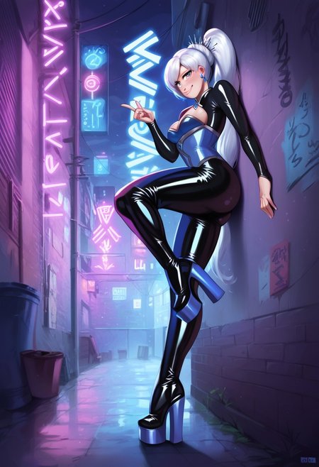 score_9,score_8_up,score_7_up,score_6_up, 2d,
jlullaby, (1 girl:1.5), shiny skin,
weiss schnee, medium breasts, 
latex catsuit, cleavage, corset, smile,
double platform boots, thigh boots, 
ruanyi0724,alley,power lines,neon lights,
leaning against wall, one foot against wall, looking at viewer,
side view, low view, focus on girl,