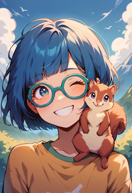 score_9, score_8_up, score_7_up, score_6_up,  <lora:p3tl0v3XLP:1> p3tl0v3, 1girl, 22yo, blue hair, bob cut, thick glasses, freckles, cute smile, squirrel on shoulder, kawaii, cute, winking, v, outdoors, mountain stream in background