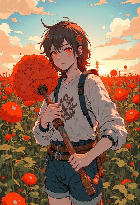 A girl holding a huge flower, micro art, girl standing in the autumn field basking in the sun, autumn sun shining brightly, simple background, simple lines, a lot of white space, tilted picture, upward view, strong visual impact