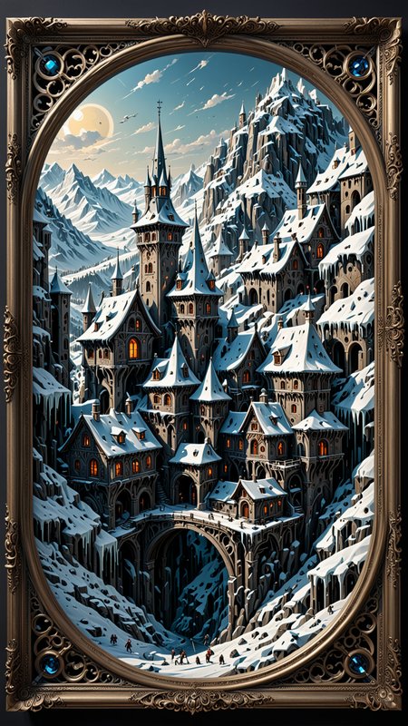 close-up macro view of a breathtaking winter landscape of a medieval village hidden in the Swiss Alps, ice sculpture style, (masterpiece:1.4),(best quality:1.4),(intricate details:1.4),high line detail,bold lines, iridescent colors,filigree,vibrant details,(expansive view:1.4),(clear outlines:1.4),(ultra detailed:1.4),64K resolution blade runner, (high contrast:1.4),award winning,stunning,beautiful composition,decorative,highly detailed,elaborate,ornate,intricate,dramatic,exuberant,grandeur,realistic,perspective,light and shadow,elegant,artstation, sharp focus,illustration,(clear outlines:1.4),clean sharp focus,high quality texture, <lora:3D_Framed_Wall_Art_-_By_DICE:1>, (Framed 3D, Snow), UHD
