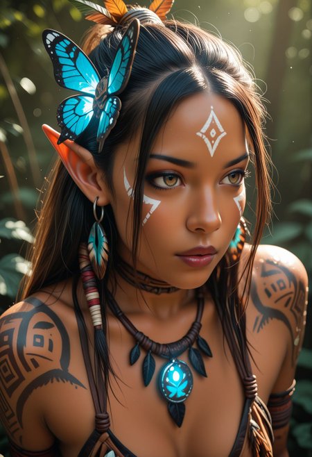 SmoothNoob_Quality, tribal, 1girl, butterfly, butterfly hair ornament, earrings, pointy ears, glowing, glowing butterfly, jewelry, lips, lipstick, makeup, solo,
<lora:Smooth_Tribal:1>