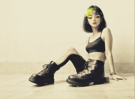 score_9, score_8_up, score_7_up, Environmental scene, character off to side, sitting in repose enjoying the view, 1girl, pale skin, medium breasts, <lora:sm0k3XLP:1>, <lora:goth_clothes:1>, black crop top, black platform boots, neon hair color, two tone hair, <lora:Our_Muted_Future_Style:1>, <lora:Urban_Liminal_Underground_Construction_Style_Background:1>,