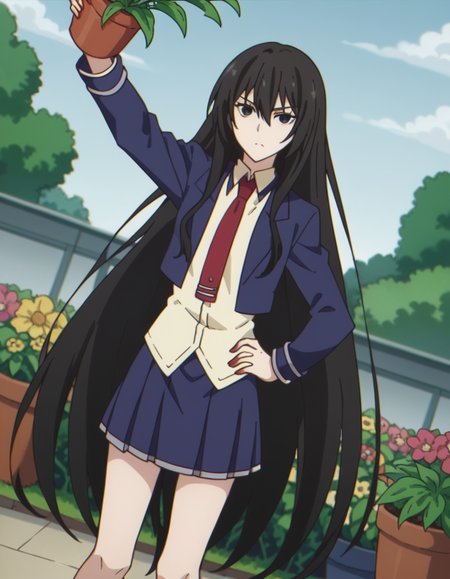 score_9, score_8_up, score_7_up, source_anime, <lora:kirukiru-amou-s1-ponyxl-lora-nochekaiser:1>, kirukiru amou, long hair, black hair, very long hair, black eyes, hair between eyes,, skirt, school uniform, jacket, necktie, blue skirt, blazer, red necktie,, gardening, watering plants, backyard, flowers blooming, sunny day,, , looking at viewer, arm outstretched, hand on hip, knee up, solo,, cowboy shot, dutch angle