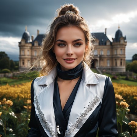 (((dark cinematic still with dark vibes))),one squatting  one irish professional women,<lora:Pony_Extra_Puffy_Jackets_V1:0.7> high_collar_jacket ,  satin vest,satin_scarf_blindfold,smile,beautiful eyes,tea,stormy weather,landscape,gleaming diamond palace with golden accents , radiating light, amidst brilliance, glittering professional photography, macro, natural lighting, ,happy,sky,flower ,water,canopy,glitter,luster, (mouth closed)
 <lora:satin_scarf_blindfold:0.4>
<lora:WildcardX-XL-Detail-Enhancer:1>