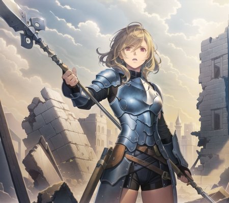 homare, incredibly absurdres, concept art, illustration, young female character (holding a big hammer:1.0) (on a battlefield in front of a crumbling castle:1.3), 1girl, (lonely), small breasts, yellow hair and light brown streaked hair, hair between eyes, two side up, wearing (fantasy style breastplate and shikoro:1.1), perfect face, beautfiul face, high quality eyes, light red eyes, cowboy shot, dynamic pose, rubble and debris, billowing smoke, dust:1.1), outdoors, dark atmosphere, finely detailed background, amazing background