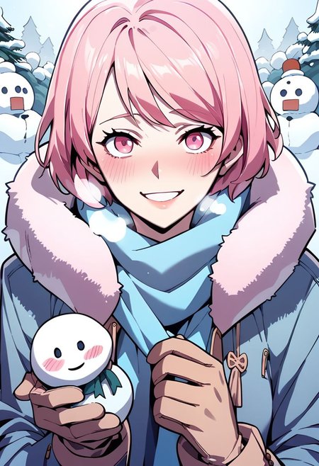 score_9,score_8_up,score_7_up,score_6_up, easynegative, Magnus_PS, 1girl, pink hair, snowman, scarf, blush, smile, short hair, snow, gloves, winter clothes, pink eyes, breath, looking at viewer, jacket, winter coat, epiCPhoto
