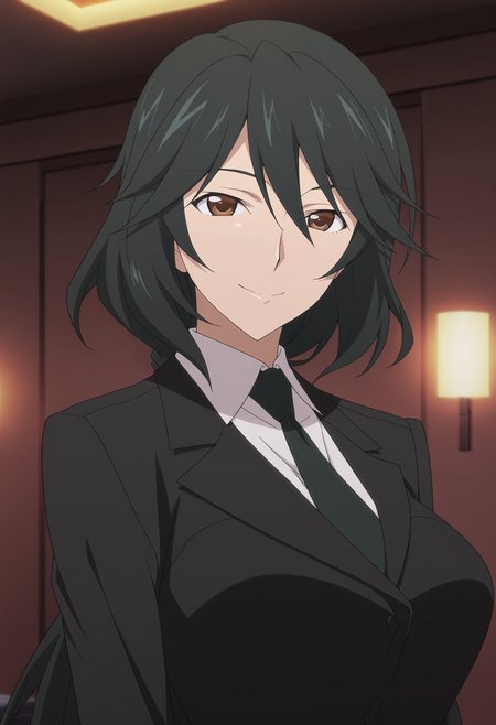 1girl,solo,mm,mature female,black hair,brown eyes,long hair,ponytail,large breasts,anime coloring,
formal,jacket,necktie,shirt,upper body, looking at viewer, smile,indoors
,masterpiece,best quality,amazing quality,<lora:Chifuyu_Orimura-Infinite_Stratos:0.8>