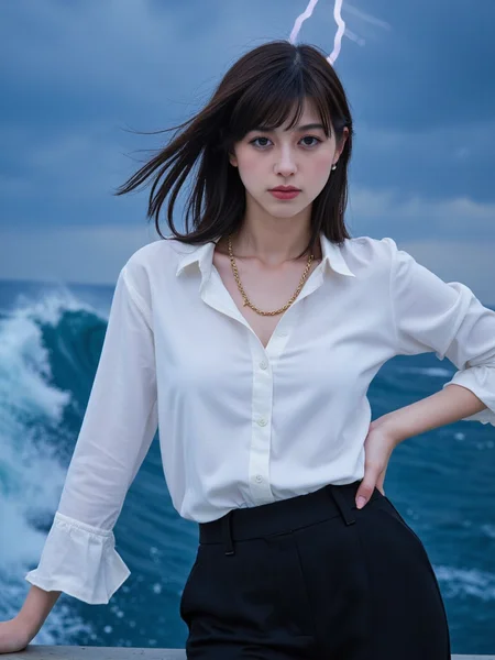 There are wonderful studio lights and various reflections,
18yo beautiful cute girl with blushing and female orgasm.skin naturally showing the texture of blood vessels and detailed pale skin,
--,
<lora:Nakajo_Ayami_f1:1>,she is Nakajo Ayami,
(Classic_white_blouse:1.6),(Tailored_black_trousers:1.5),(Gold_chain_necklace:1.4), outdoors,sea,huge wave,lighting,raining,water drop,hurricane,vortex,, #å·¨æµªæµ·
