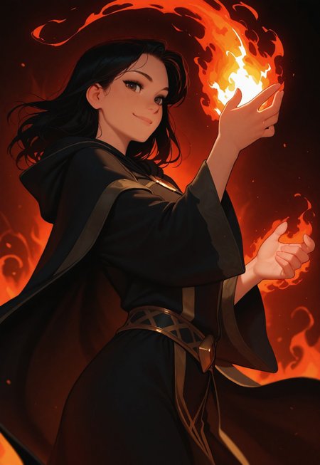 (Artist : Tsuaii:0.5), (Artist : Incase:0.5), flat colors, high detailed, high quality, masterpiece, 
1girl, upper body, focused subject, dynamic angle, action shot, dynamic lighting, standing, looking at viewer, cowboy shot, smile, black hair, black mage robe, fiery night background, fire magic