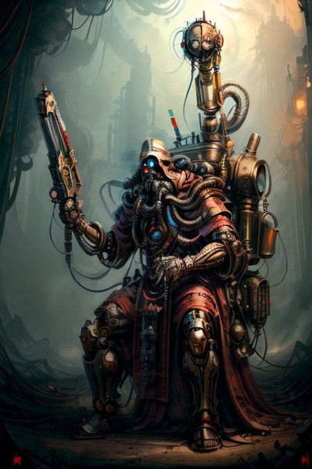 ((masterpiece,best quality)), absurdres, BREAK
mechanical arms, robes, hood, BREAK
((techpriest)), cyborg, mechanical face, mechanical limbs, gas mask, mechanical tentacles, (mechanical backpack), blue cloak, BREAK
1other, solo, holding gun, weapon, gun, firearm, BREAK
(MahabharataPunkAI),