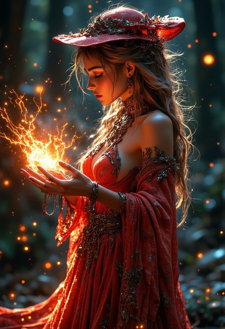 concept art, amazing, breathtaking, sexy, nsfw, alluring, stunning profile image from the side of a magical enchantress in silks and lace, casting a fire spell, sparks of fire energy and electricity flying from her outstretched fingers, dawn in a forest, magical, ethereal beauty, masterpiece, mythp0rt, hkmagic, perfect composition, perfect hands