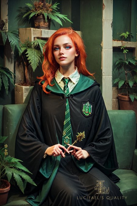 score_9, score_8_up, score_7_up, score_6_up,
marijuana, plant, leaf, potted plant, 1girl, couch, sitting, long hair, ginger hair,
black robe, hood down, wide sleeves, green necktie, diagonal-striped necktie, white shirt, collared shirt, badge
,concept art,realistic,perfect body,highly detailed,delicate and smooth skin, body in motion,<lora:sinfully_stylish_SDXL>,<lora:add-detail-xl:1>,<lora:xl_more_art-full_v1:0.7>,<lora:Concept Art DarkSide Style LoRA_Pony XL v6:1>,<lora:marijuana2XLP:0.6>,<lora:EPRobeSlytherinPDXL:1>,