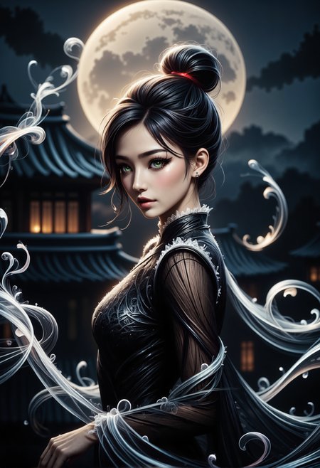 mad-wsps, xslx scribble, detailmaximizer. A medium close-up of a stunning young Asian woman, captured from her shoulders up as she gracefully dances under the full moon. Her delicate, smoky makeup enhances her deep green eyes, giving them an otherworldly glow, while the moonlight accentuates the red shimmer in her deep black hair. Her hair is styled in a traditional Chinese manner, with part of it pinned up and the rest flowing freely. The ornate details of her black dress, adorned with subtle white embroidery along the collar and sleeves, are visible. Behind her, the decorative eaves of the palace rooftop are highlighted by the soft moonlight, adding to the spiritual and mystical atmosphere., <lora:RealisticAnimeFlux_v2.safetensors:1.0:1.0> <lora:Wisps_of_Light_FLUX.safetensors:0.8:0.8> <lora:scribble-flux-v1.safetensors:1.0:1.0> <lora:aidmaImageUpgrader-FLUX-V0.1.safetensors:0.5:0.5>