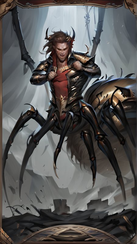 <lora:4r4chn1dPony:0.65>, score_9, score_8_up, score_7_up, score_6_up, score_5_up, score_4_up, closeup of 4r4chn1d, fantasy concept art, digital art, oil painting, realistic, detailed face, solo, arachnid, man desktop wallpaper, official_wallpaper, atmospheric, warrior, (screaming:0.6), combat stance, holding a weapon,  ash brown hair, Light skin, Low ponytail, in location abandoned amusement park, (Masterpiece:1.3) (best quality:1.2) (high quality:1.1)