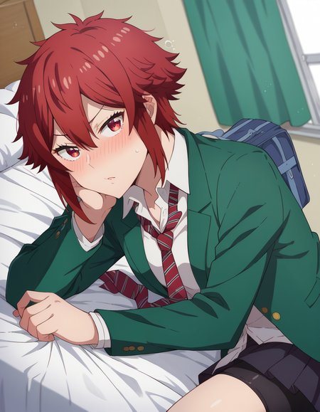 score_9, score_8_up, score_7_up, source_anime,
tomoaizawa, <lora:tomo-aizawa-ponyxl-lora-nochekaiser:1>,
tomo aizawa, short hair, red eyes, hair between eyes, red hair,
skirt, shirt, school uniform, jacket, white shirt, pleated skirt, necktie, striped, black skirt, blazer, red necktie, school bag, green jacket, striped necktie, green blazer, bike shorts,
indoors, bed, bed room, on side, blush, drunk,
looking at viewer, dutch angle, cowboy shot,