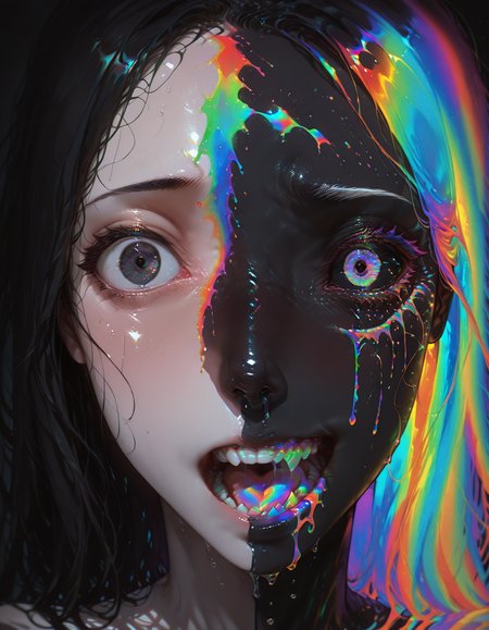 1girl, face,solo, straight-on,close up,portrait, dark
,ADDBASE,
beautiful face, detailed, cute, big eye,simple background,black hair,fair skin, dull,dull colors,worried,scared
,ADDCOL,
(split image,split screen:1),simple background,black hair,fair skin, worried,scared, shocked, blushing,(rainbow paint splatter)
,ADDCOL,
qxys, thermal, bright colors, black background, colored tears,crying,colored pupil, black sclera,(black skin, dark skin),reflective hair,v-shaped eyebrows,rainbow gradient eyes,colorful eyelashes,white eyebrow,(facepaint),rainbow paint splatter,crazy
,ADDROW,
beautiful face, detailed,(worried,scared, shocked, blushing),simple background,black hair,open mouth,pale skin, white teeth
,ADDCOL,
qxys, thermal, (split image,split screen:1),drooling, rainbow saliva, rainbow mouth, colorful sharp teeth,black skin, dark skin,huge reflective fangs,worried,scared, shocked
,ADDCOL,
qxys, thermal, bright colors, black background, colorful sharp teeth, open mouth, happy,(black skin, dark skin),grin,colored drooling,saliva,colored drool in mouth,reflective hair,rainbow lipstick,facepaint,colorful fangs,crazy
, <lora:ThermalSwirlsILL:0.6> <lora:holographiccolor:0.8>  <lora:DarkerThanBlackIllustrious:0.8>