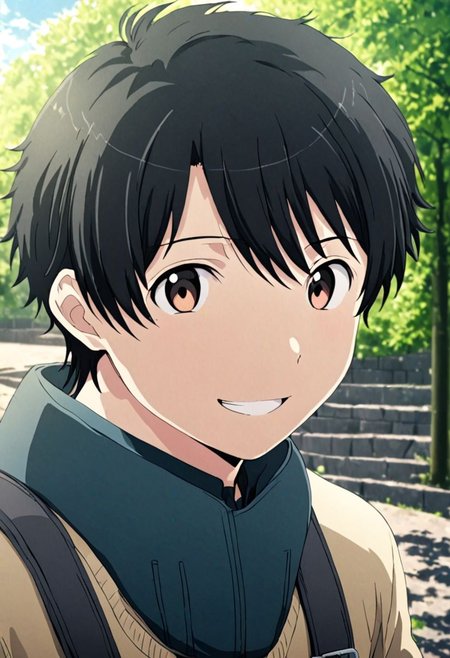 high resolution, solo, best quality, 1Boy, Inaho Kaizuka, Black Hair, Looking at viewer, happiness, depth of field, half body, outdoor, OverallDetail