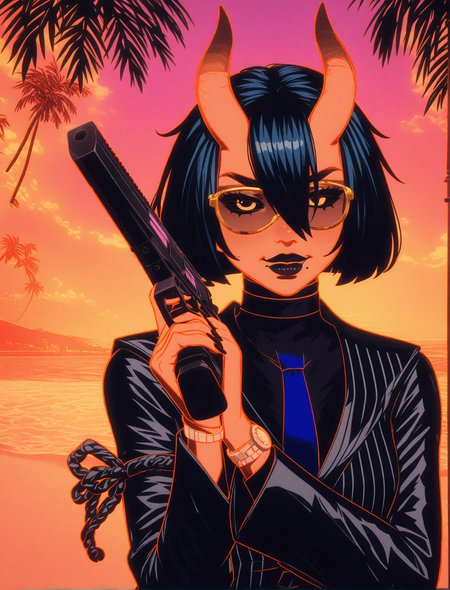 GLSHS,delicate colors,partially illuminated, (masterpiece, absurdres, very awa:1.4), golden hour, orange theme, sunset, beach, rocks, beach ball, sand, palm tree, (tilted shot, pose, standing:1.2), drinking tropical drink, drunk, smug, looking at viewer, fortnitenightrose, 1girl, black hair, short hair, bob cut, bangs, hair between eyes, hair over one eye, asymmetrical horns, oni horns, skin-covered horns, black eyes, black sclera, sclera, closed mouth, mole, mole under mouth, black lips, lipstick, makeup,  (fully clothed, navy pinstripe black jacket, suit, navy pinstripe blue suit, striped suit, black business shirt, black shirt, blue tie, silver wrist watch,  black collared business shirt, blue tie, silver wristwatch, gold tinted non reflective aviators, aviators, golden aviators, holding handgun:1.5), <lora:GLSHS-IL:1.2>,  <lora:Fortnite_The_Night_Rose_All_Outfits_ILXL:0.8>, <lora:dmd2_sdxl_4step_lora:1>
