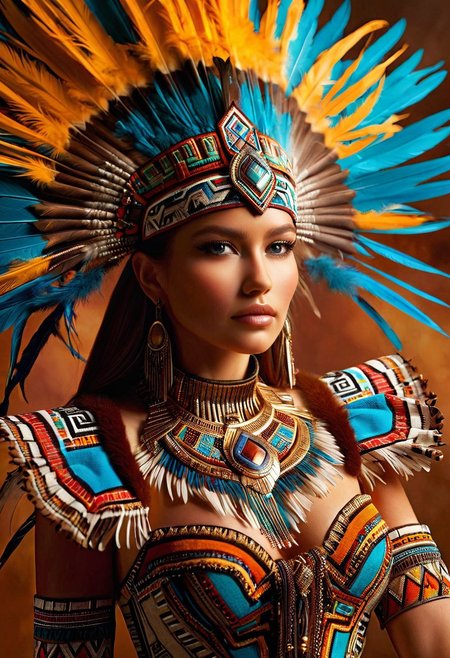 A hyper-realistic depiction of a woman's upper body, adorned in an intricately detailed Aztec-inspired outfit, with vibrant feathers, gold accents, and precious gems, set against a warm, earthy background with soft, natural lighting, capturing the subject's subtle texture and expression, in the style of a high-fashion digital painting, with a shallow depth of field and a slight vignette, emphasizing the subject's striking features and ornate attire.