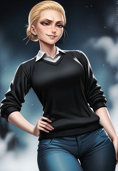 1girl,by j.k:0.6, by hoshi san 3:0.1, artist:Sakimichan:0.2, artist:Sciamano240:0.3, /(by Theobrobine/), Lila_Rossi, 1girl, blonde hair, hair slicked back, black sweater, white collared shirt, hairbun, dark blue eyes, absolutely eye-catching, bokhe, blurry background, wide hips, hand on hip, narrow eyes, squinting, fog, particles, smirk, dynamic angle,depth of field, cinematic,(masterpiece, best quality), safe, amazing quality, very aesthetic, absurdres, highres, newest, <lora:Lila_Rossi_IL_v2:0.7>,  <lora:Theobrobine:0.5>