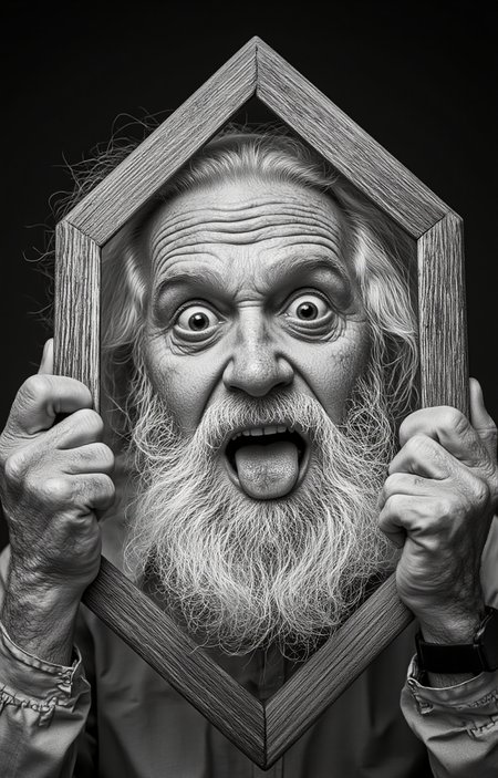 black-and-white photograph features an elderly man with a strikingly expressive face and a full, white beard. His eyes are wide open, and his mouth is open in an exaggerated, comical expression, with his tongue sticking out. He is holding a diamond-shaped wooden picture frame in front of his face, creating a frame within a frame effect. The man's skin is wrinkled, with deep lines and creases, indicating advanced age. His hair is long and white, flowing down to his shoulders. He is dressed in a long-sleeved shirt, which is slightly wrinkled, adding to the rustic, vintage feel of the image. The background is completely dark, focusing all attention on the man and the frame, which is detailed with a textured, aged appearance. The photograph is high-contrast, emphasizing the textures and details of the man's face and the frame. The overall mood of the image is whimsical and playful, with a touch of nostalgia due to the vintage style and the man's age., <lora:aidmaImageUpraderv0.3:0.4>, aidmaimageupgrader, <lora:diffusion_pytorch_model:1>, <lora:aidmaMJ6.1_v0.5_3:0.7>, aidmaMJ6.1, ultra quality, ultra detailed, intricate details