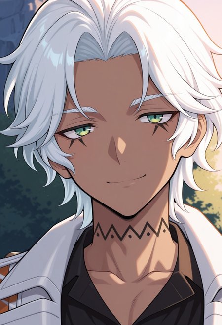 masterpiece,best quality,amazing quality, source_anime,
ifagimpa, 1boy, male focus, solo, dark skin, dark-skinned male, green eyes, white hair,neck tattoo, collarbone, shirt, black shirt, coat, white coat, portrait, smile, outdoor,