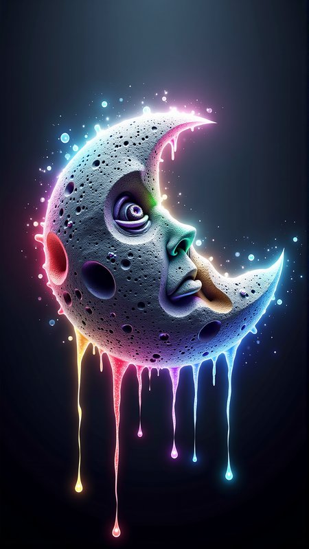 A beautiful render of a ChristmasLightsStyle A lone, ghostly crescent moon hung in the darkened sky like a silver lantern, its surface etched with vivid, swirling rainbow-colored cracks that seemed to pulse with an otherworldly energy, as if the moon's very essence was being ripped apart by some unseen force, while delicate droplets of color and light spilled from the fissures like tears from a celestial wound, each one shimmering with an inner radiance that cast an ethereal glow on the surrounding darkness, creating an eerie yet beautiful illusion of a lunar body in agony.. 
<lora:ChristmasLightsStyleFlux:0.7>